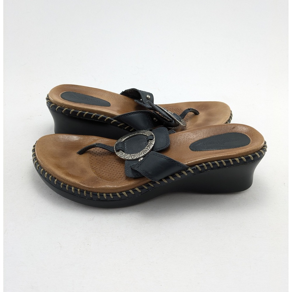 Womens Minnetonka Denver Blue Leather Slide Wedge Thong Medallion Sandals Size 8